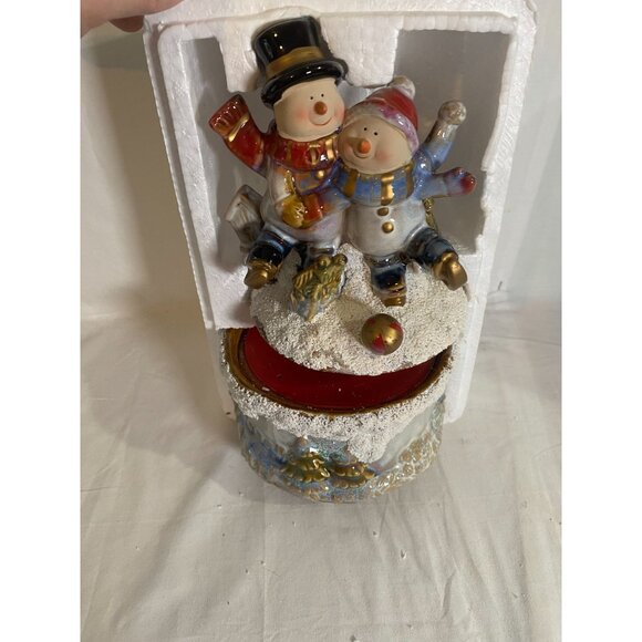 JC Penny Home Collection Snowman Reactive Glaze Porcelain Wind-Up Music Box W Bo - Picture 3 of 15